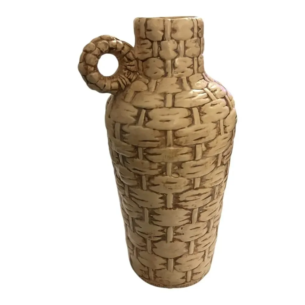 1970s VINTAGE Handmade Basket Weave Ceramic Jug Vase Artist Signed LM 1977